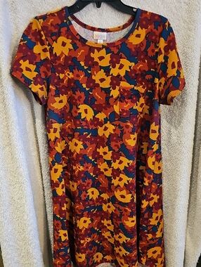 LuLaRoe Bold Floral Shift Dress in Mustard, Rust & Blue